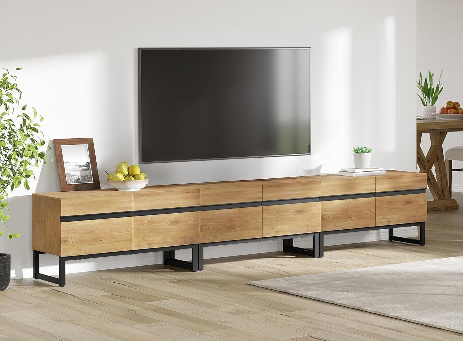 Oak 110 Inches TV Stand Entertainment Center Concealed Storage