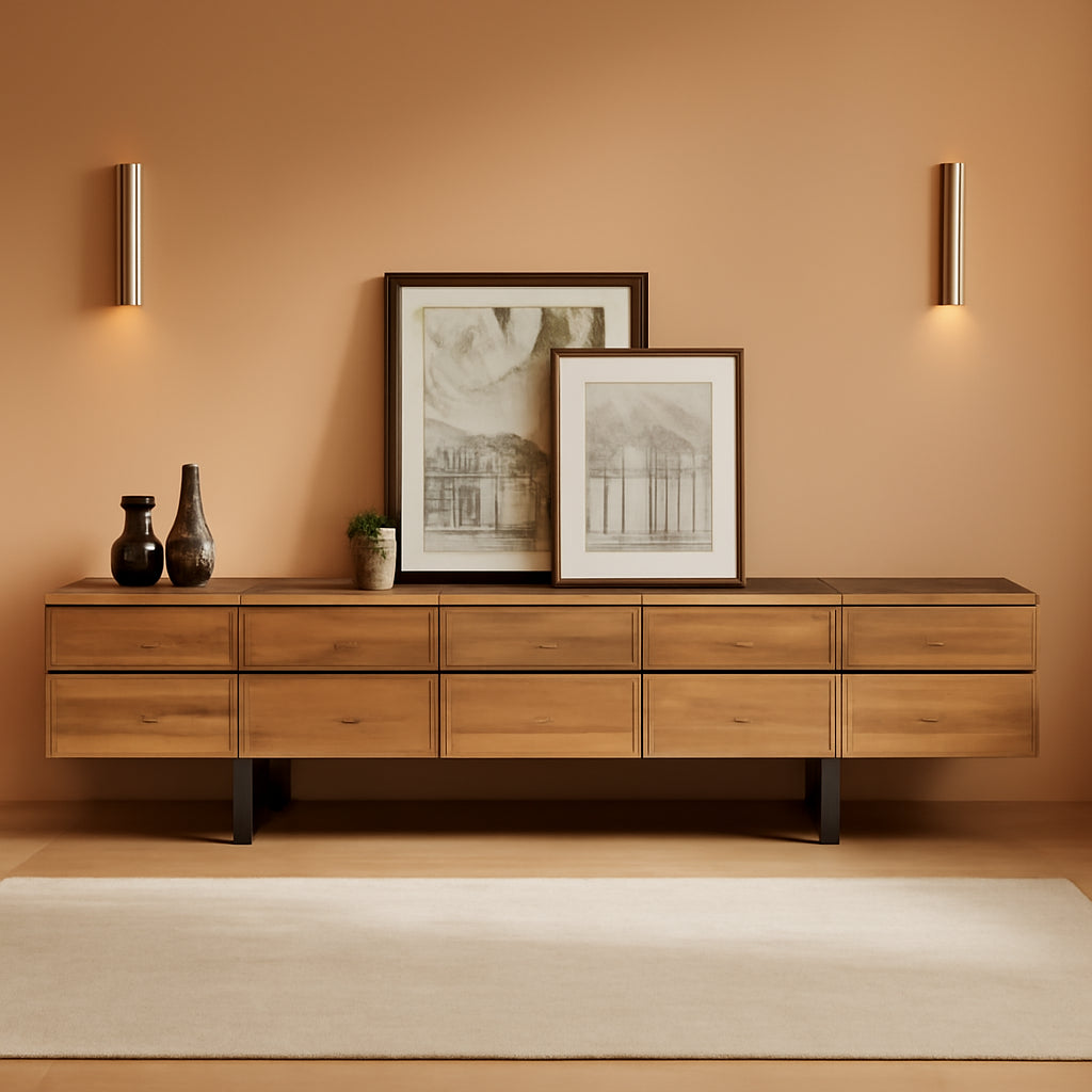 Oak 110 Inches TV Stand Entertainment Center Concealed Storage
