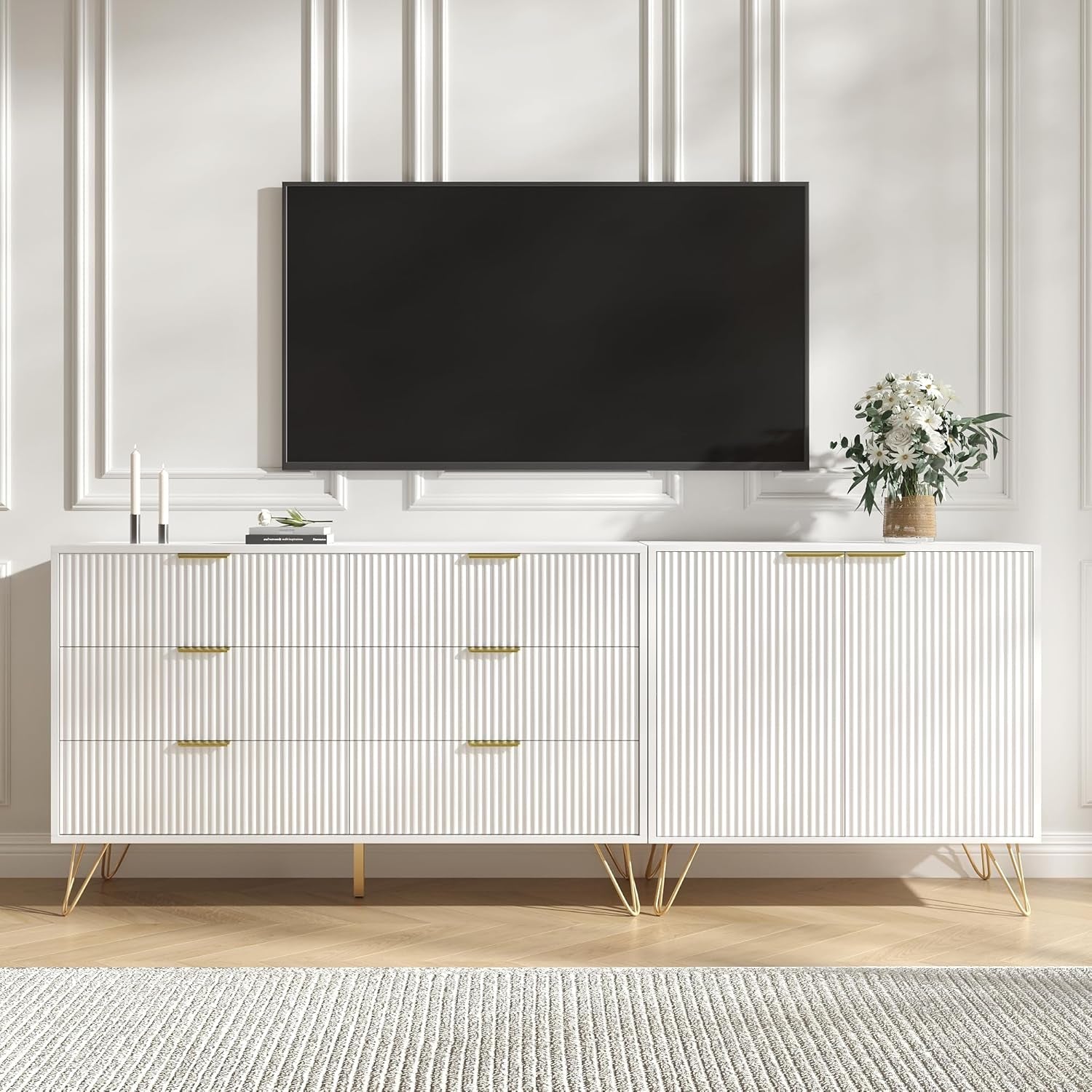 White Fluted TV Stand With Entertainment Center Storage