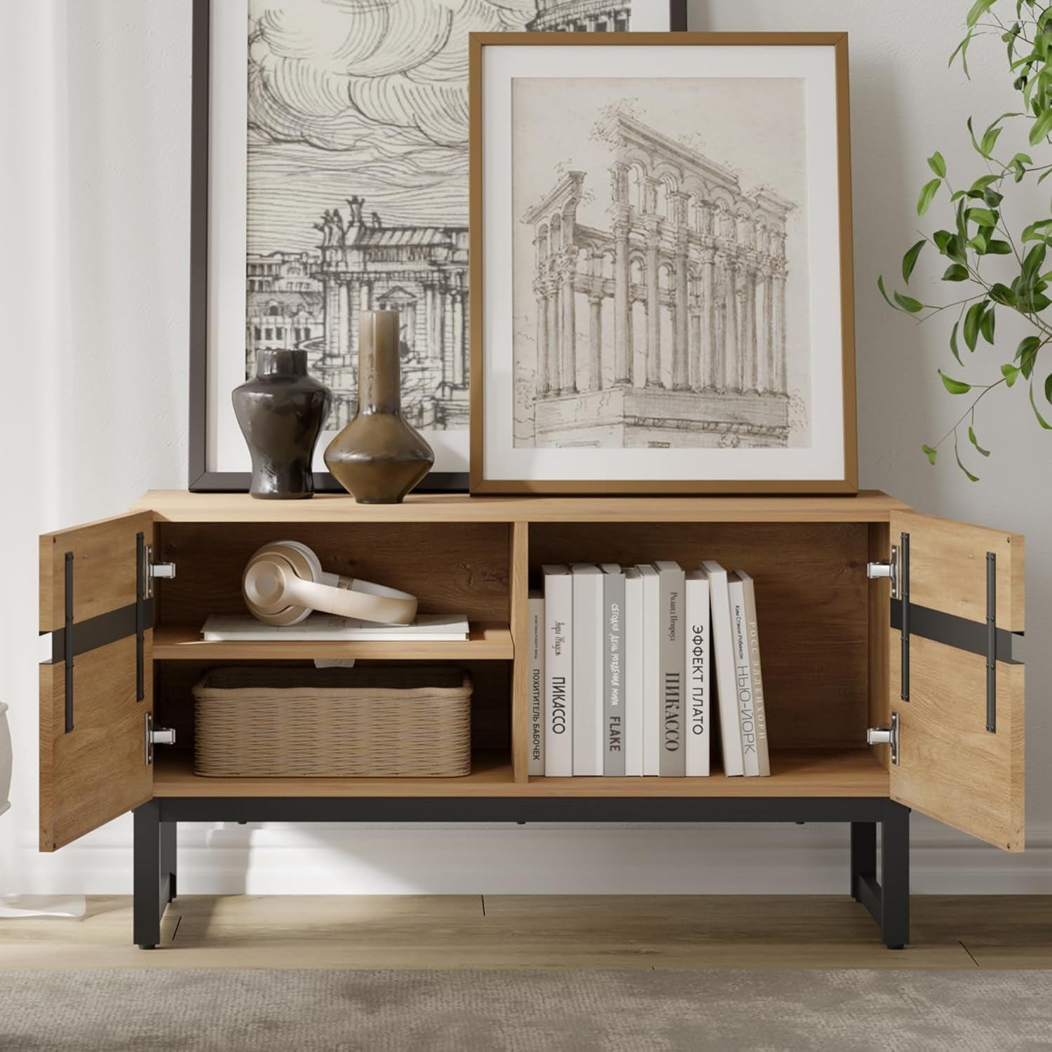 Oak 110 Inches TV Stand Entertainment Center Concealed Storage