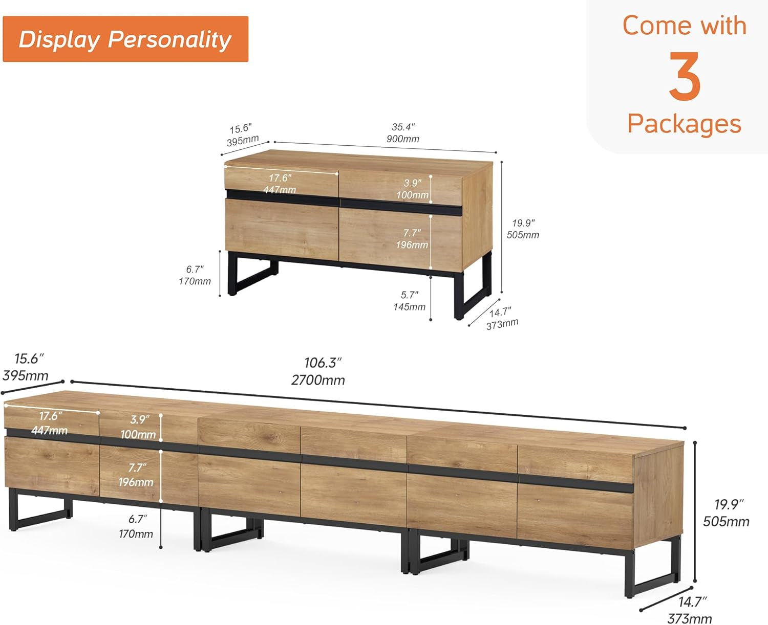 Oak 110 Inches TV Stand Entertainment Center Concealed Storage