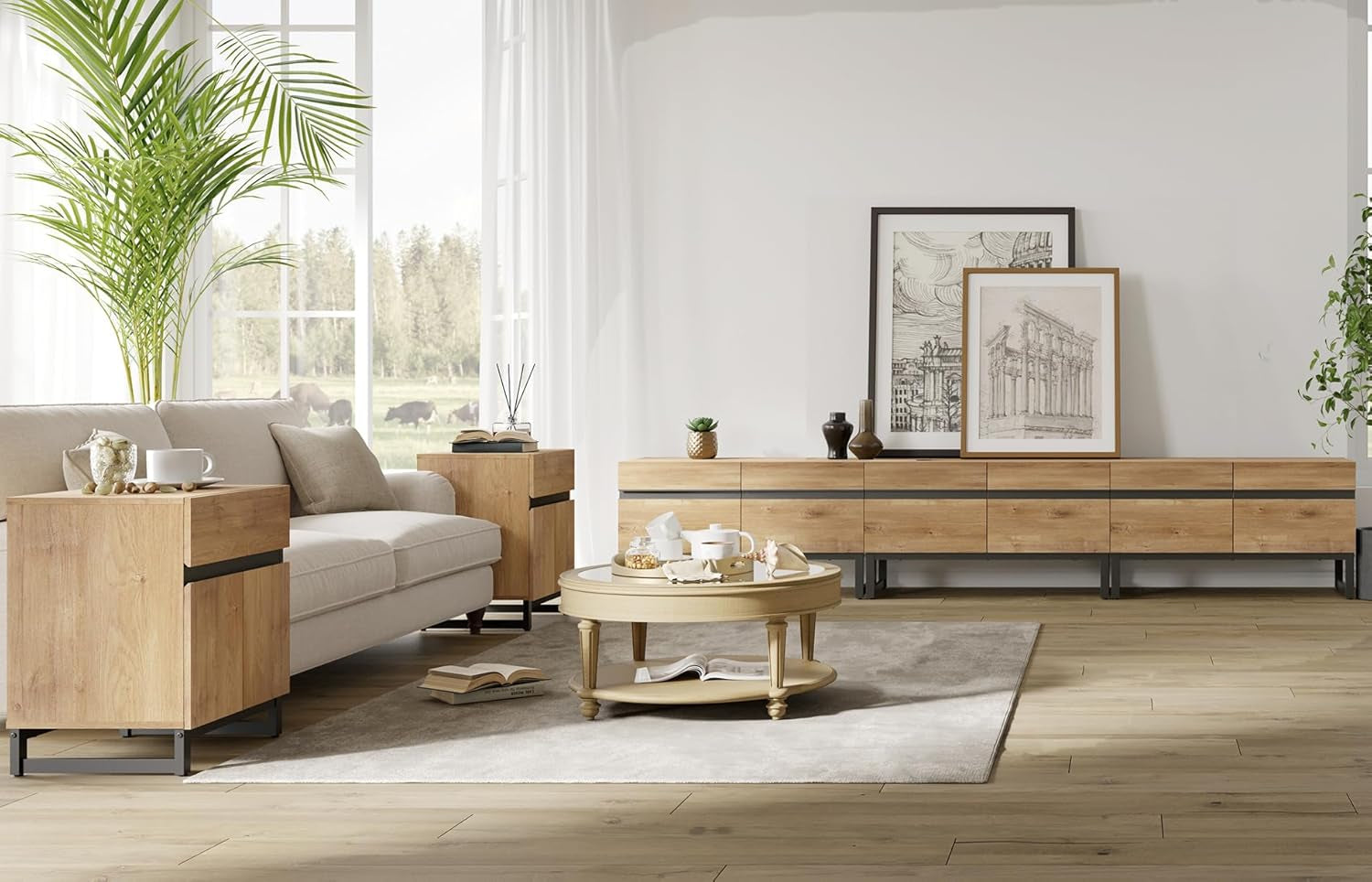 Oak 110 Inches TV Stand Entertainment Center Concealed Storage